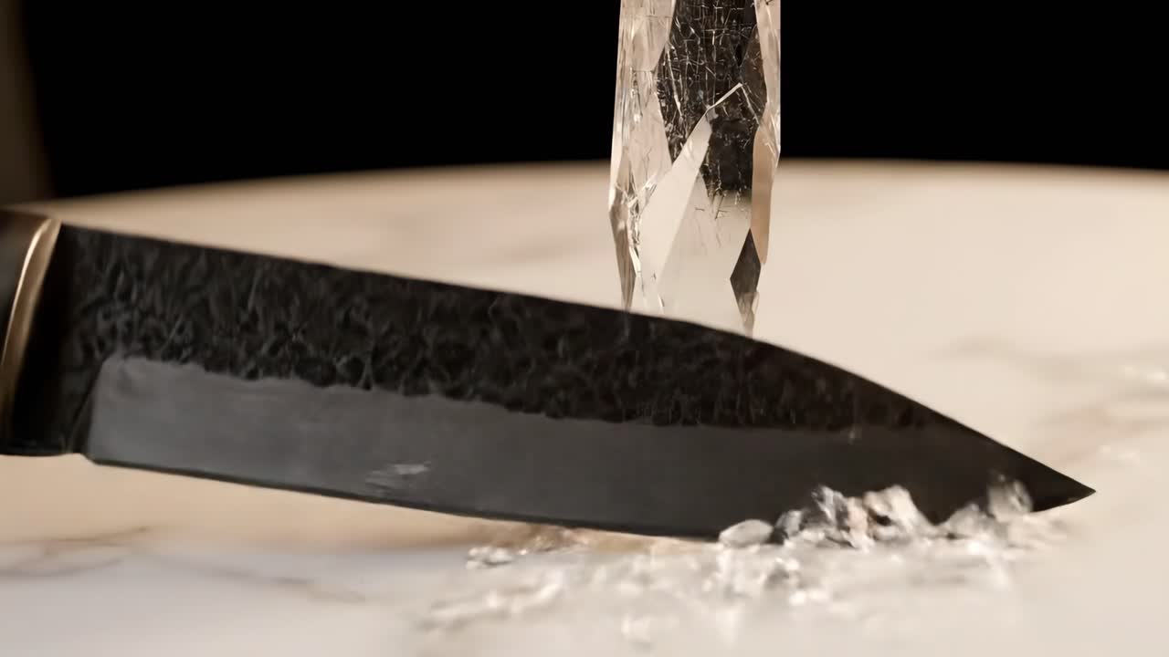 Knife slicing through crystal on marble table