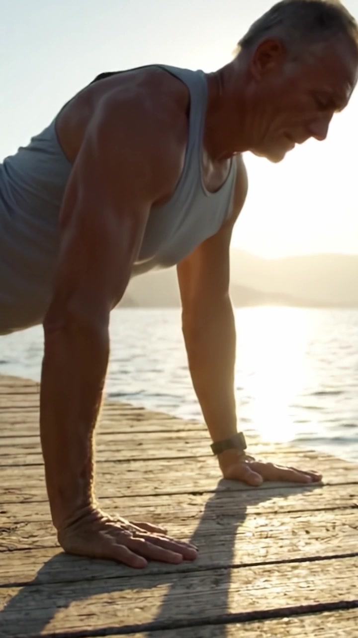 A Dedicated Individual Performing Push-Ups at Sunrise on a Scenic Dock, Embracing Fitness and Strength Training with Sunlight Surging in the Background
