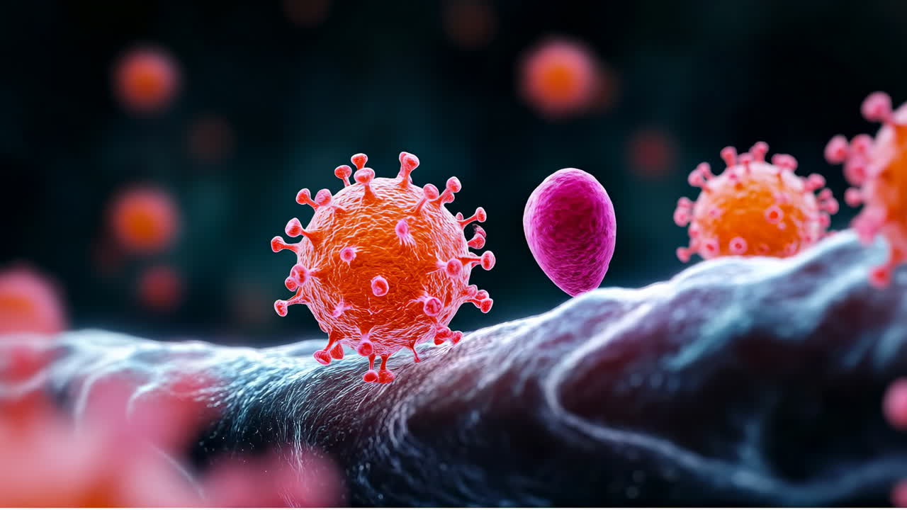 Virus cells under microscope. Colorful depiction of virus cells in a microscopic setting, showcasing their complex structures and interactions