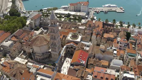 aerial view of old city of split and the view of old bell tower in croatia - drone shot