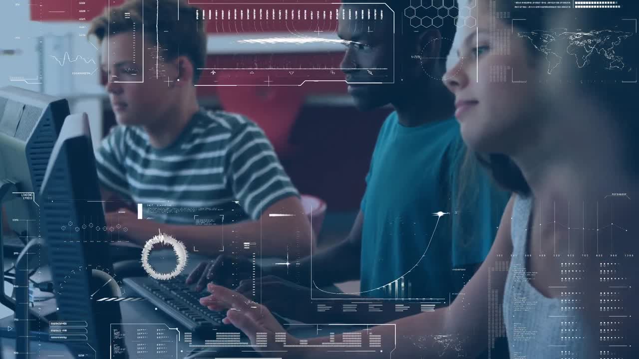 컴퓨터를 사용하는 다양한 학생들을 대상으로 데이터 처리의 애니메이션