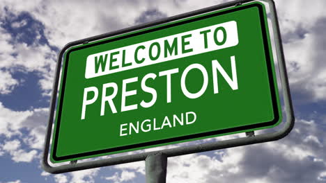 Welcome-to-Preston,-England,-UK-City-Road-Sign,-Realistic-3D-Animation