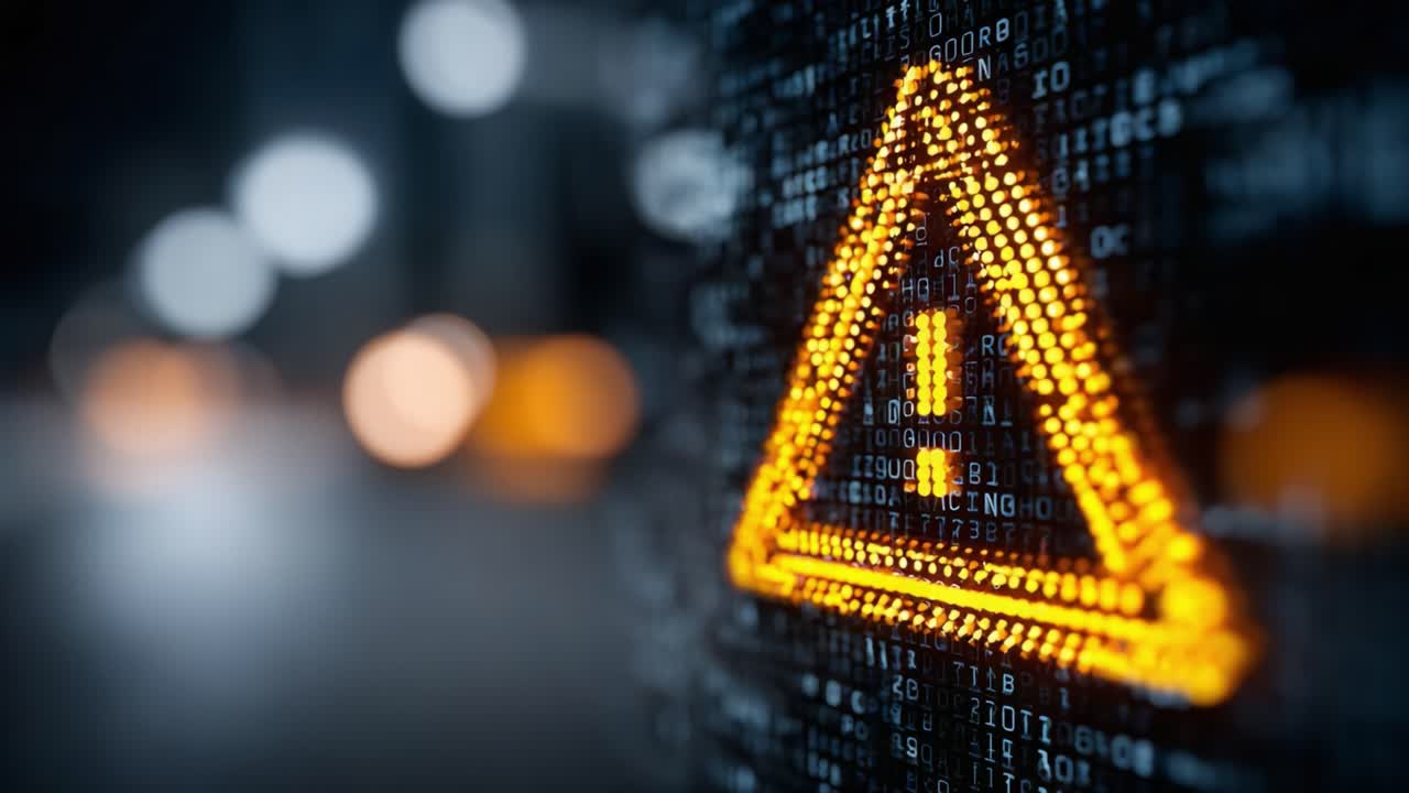 Advarselsskilt oplyst i et digitalt miljø med binær kode i baggrunden, der fremhæver sikkerhedsproblemer og potentielle trusler i teknologiindstillinger