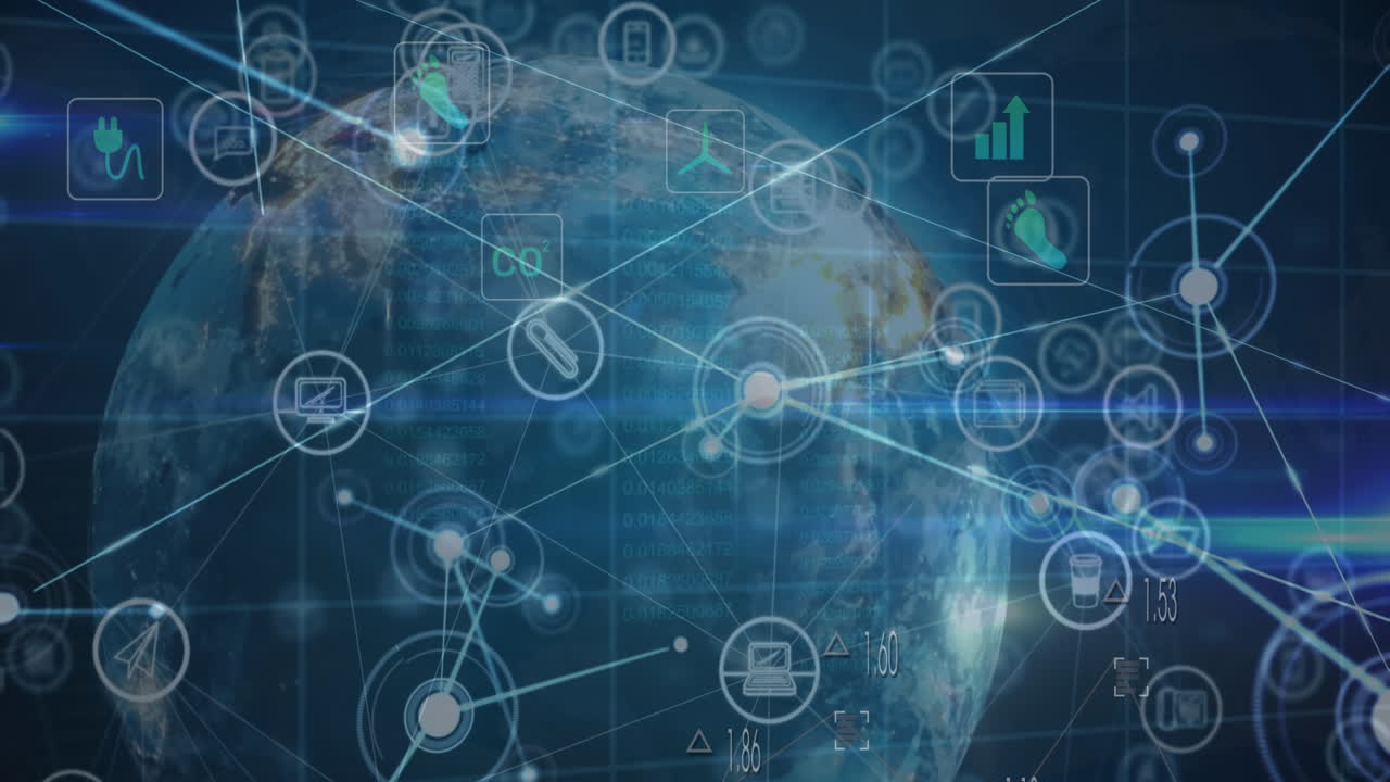 회전하는 지구와 파란 빛 트레일에 대한 연결 네트워크와 디지털 아이콘의 애니메이션