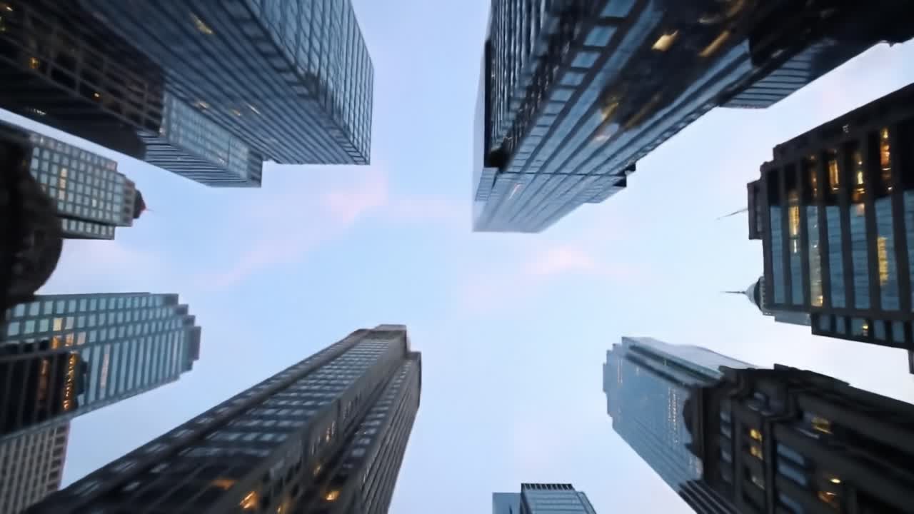 Captivating Perspective from the Ground Up: A Stunning View of Skyscrapers Reaching towards the Sky at Dawn in an Urban Landscape