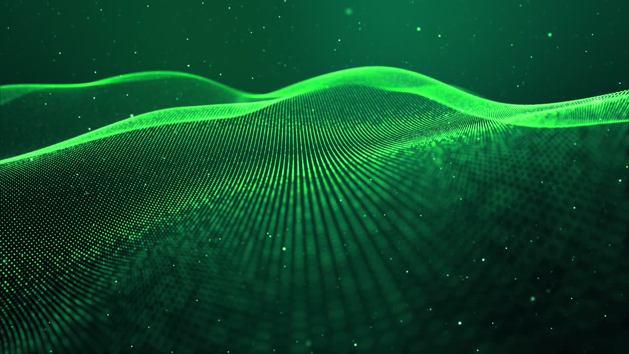 4k looped abstract green background of glow particles form lines, surfaces, structures as futuristic landscape in cyberspace or hologram. Sci-fi theme with DOF, lighting effects and bokeh.