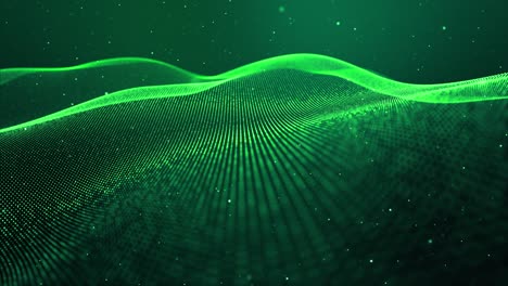 4k looped abstract green background of glow particles form lines, surfaces, structures as futuristic landscape in cyberspace or hologram. sci-fi theme with dof, lighting effects and bokeh.