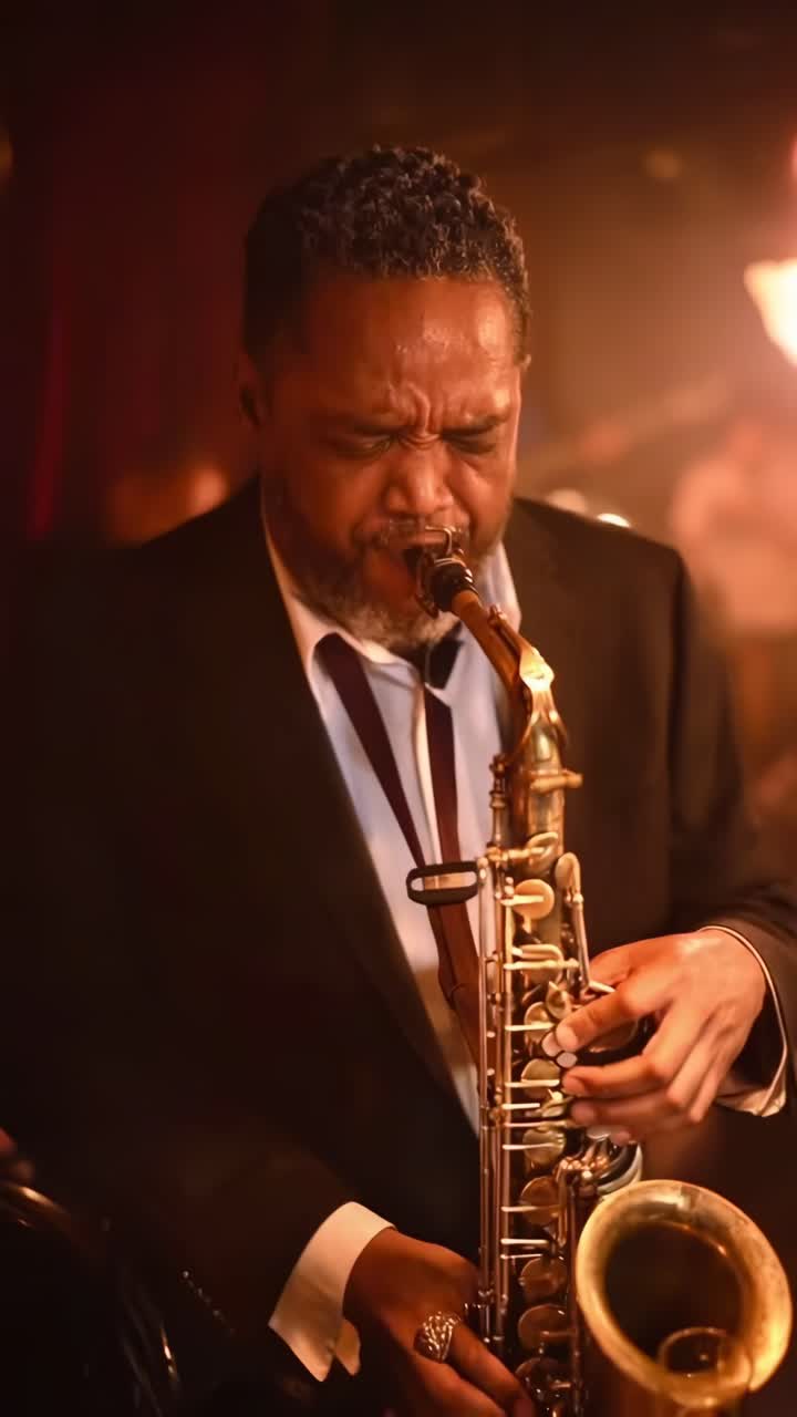 Video ravvicinato di un sassofonista in un club jazz in penombra, che cattura un'esibizione intima
