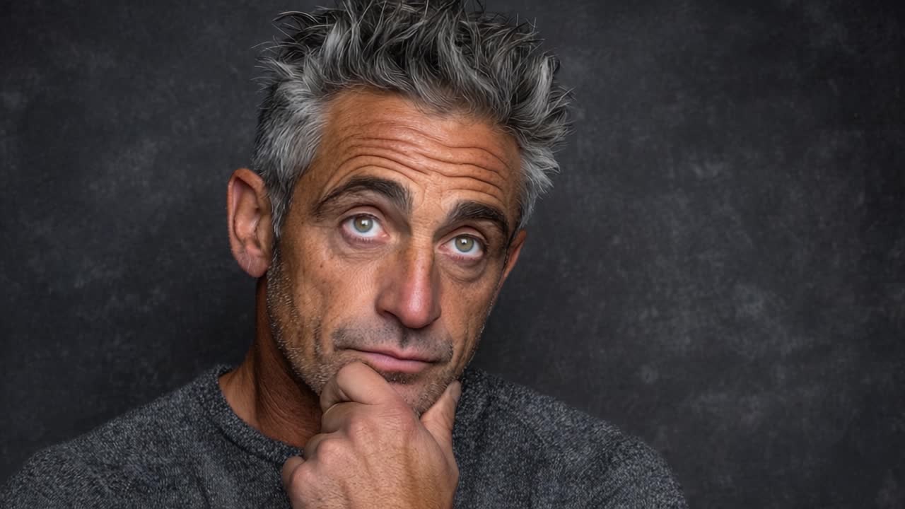 Ritratto contemplativo di un uomo pensieroso con capelli grigi, perso nella riflessione su uno sfondo scuro, che cattura profonde emozioni e introspezione