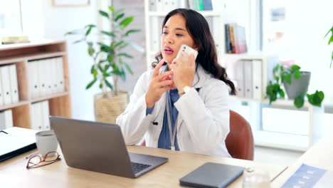 phone call, laptop and woman doctor talking