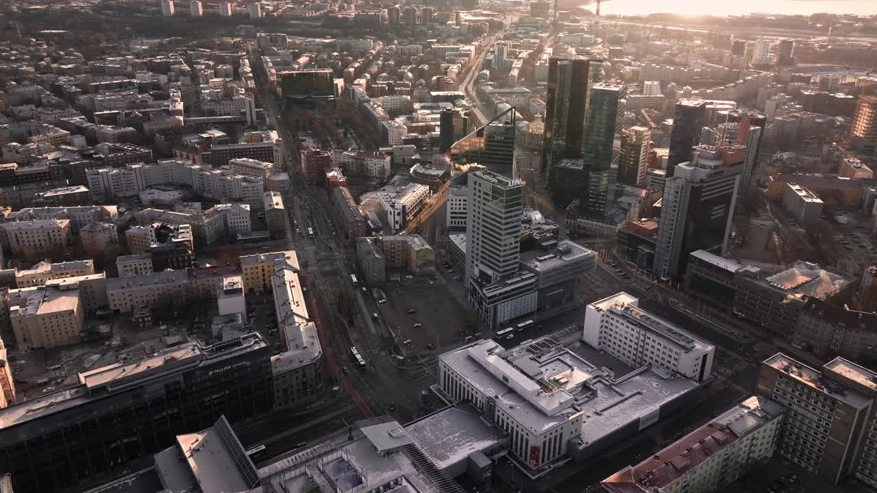 Aerial view of Tallinn business district during sunrise
