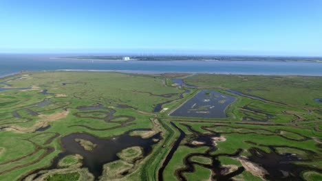 aerial panoramic view of tollesbury marshes in essex, united kingdom