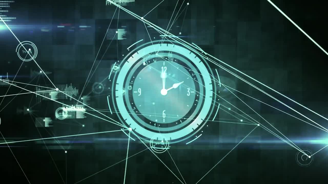 Animation eines Verbindungsnetzwerks über einer schnell laufenden Uhr