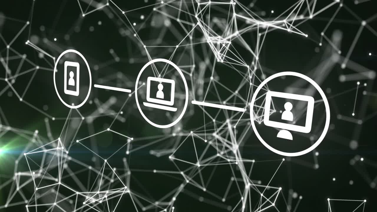 검은색 배경에 초록색 빛 점에 대한 연결 네트워크와 디지털 아이콘의 애니메이션