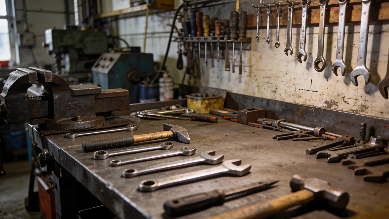 Sliding camera revealing metal workbench at shop, showing bench vise and hand tools for inspection