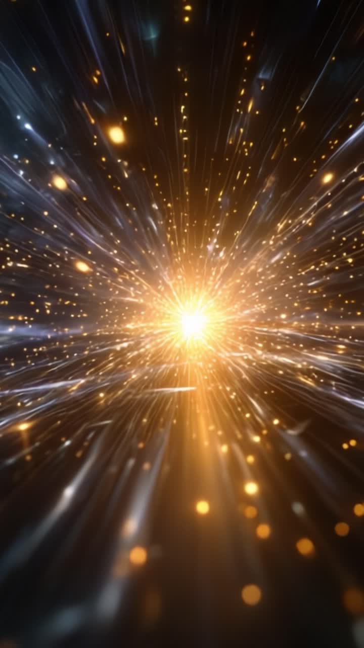 Una visuale mozzafiato di energia esplosiva: luce radiosa e movimento dinamico che mostrano la potenza di scintille e particelle in uno spettacolo cosmico di colore e brillantezza