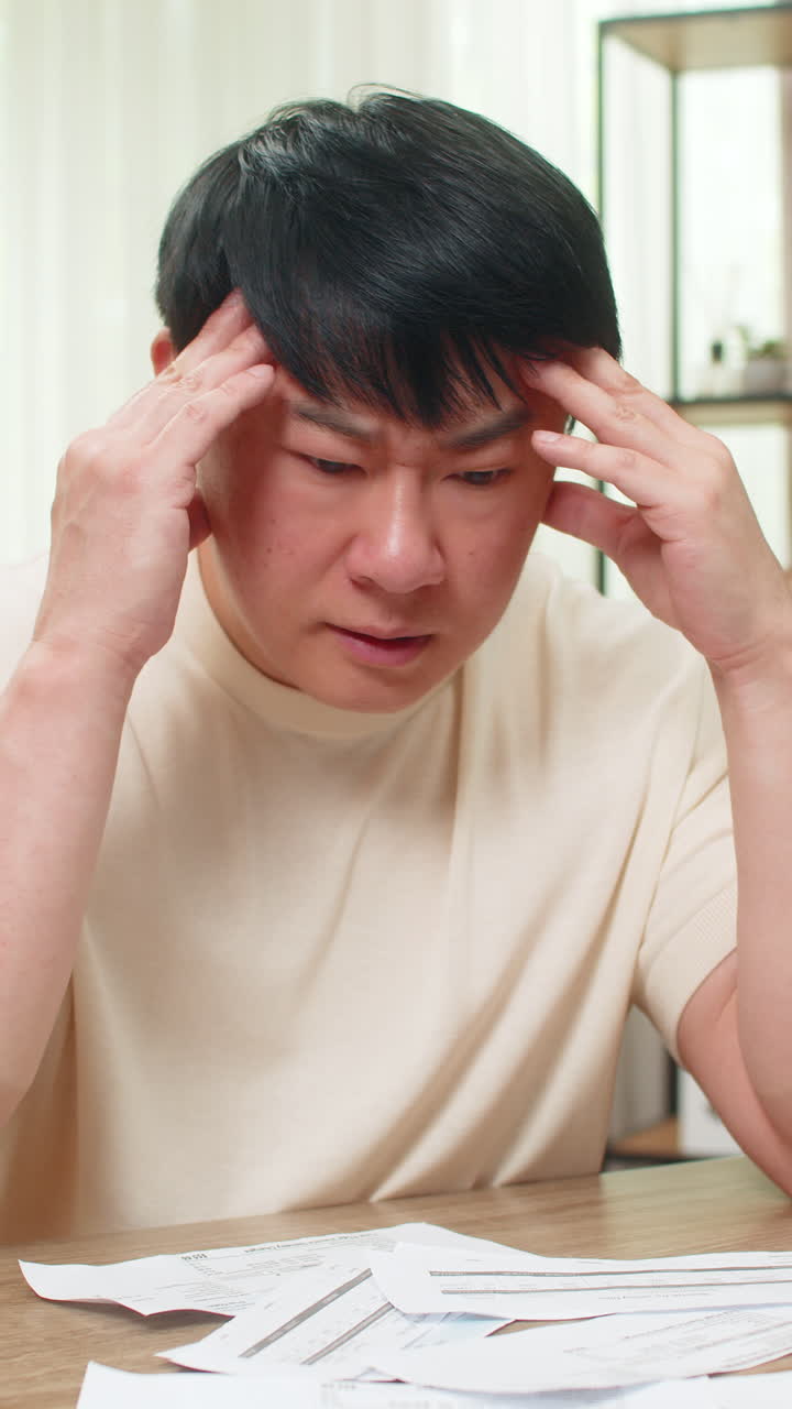 Asian man holding head in stress surrounded by unpaid bills on table calculator and laptop nearby