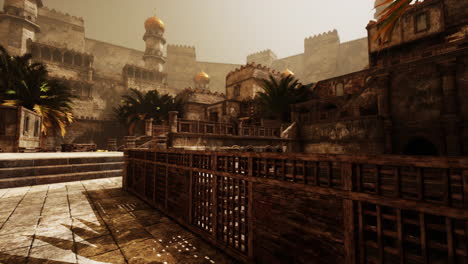 ancient eastern cityscape featuring grand architecture and lush greenery