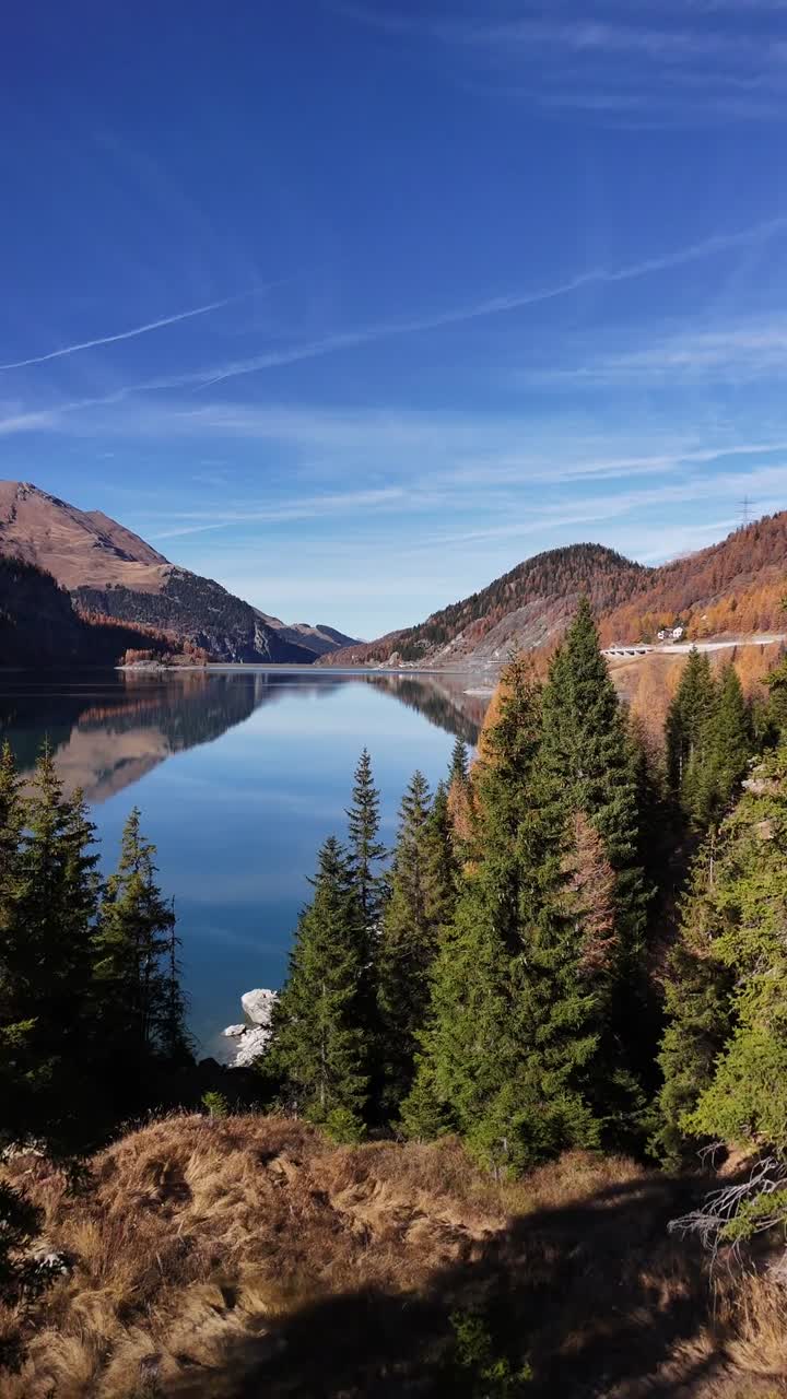 Lai da Marmorera reservoir in Grisons Switzerland, aerial drone Swiss nature