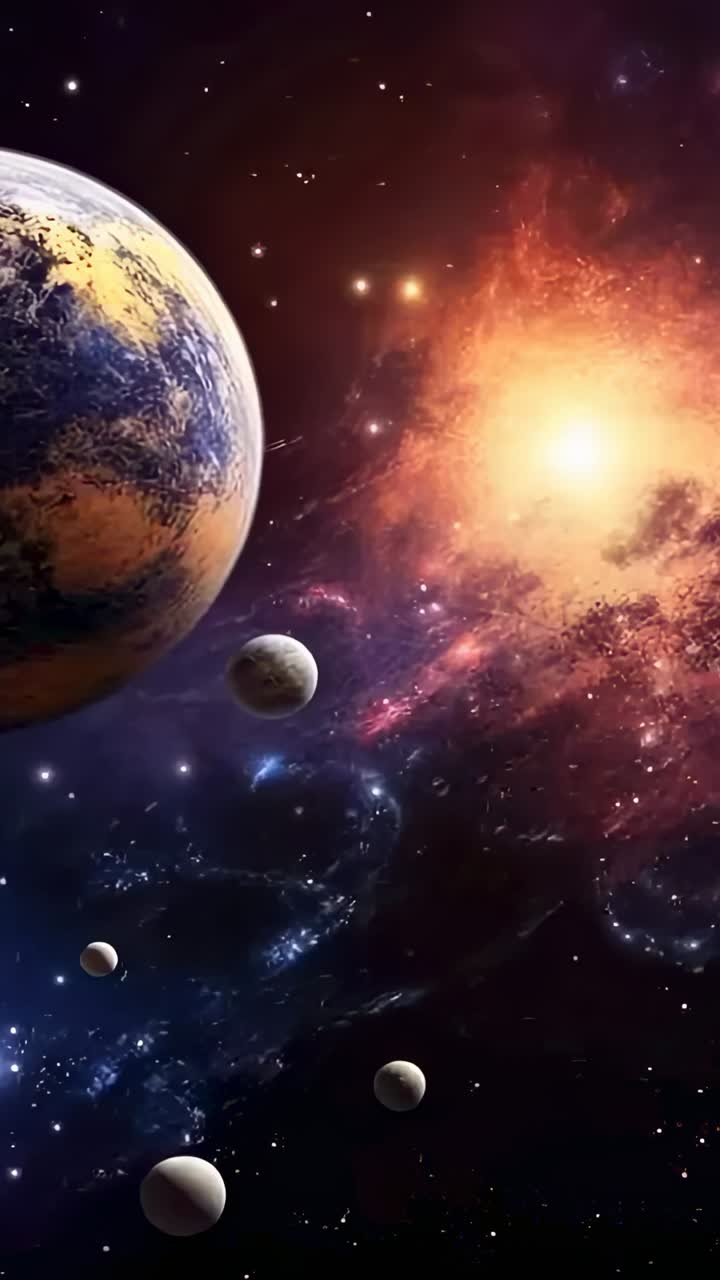 Vertical video: Pulsing nebula and flickering stars from radiation near planet in space, copy space