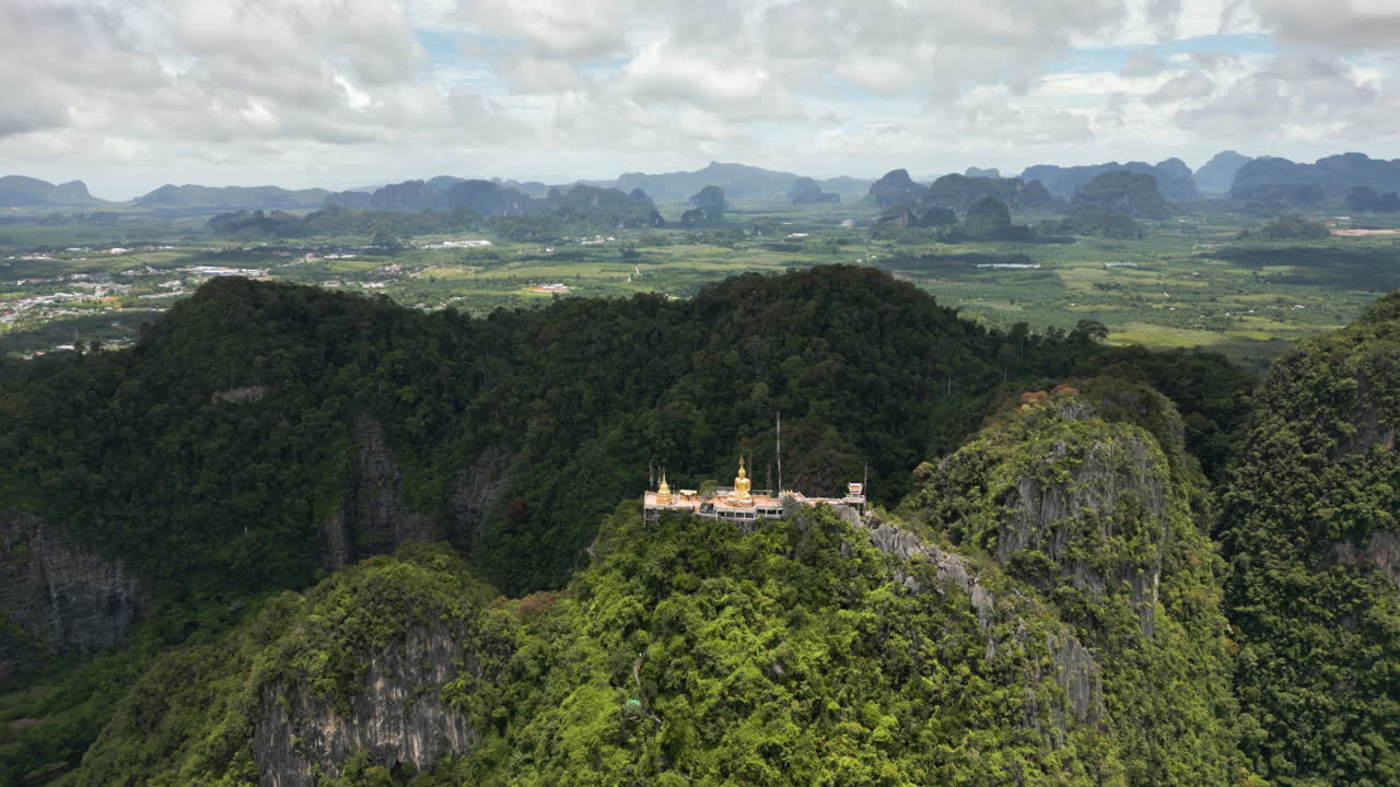 Wide View of Krabi Wat Tham Suea Tiger Cave Temple, Sunny Day Moving Clouds, Amazing Buddhist Tropical Landscape
