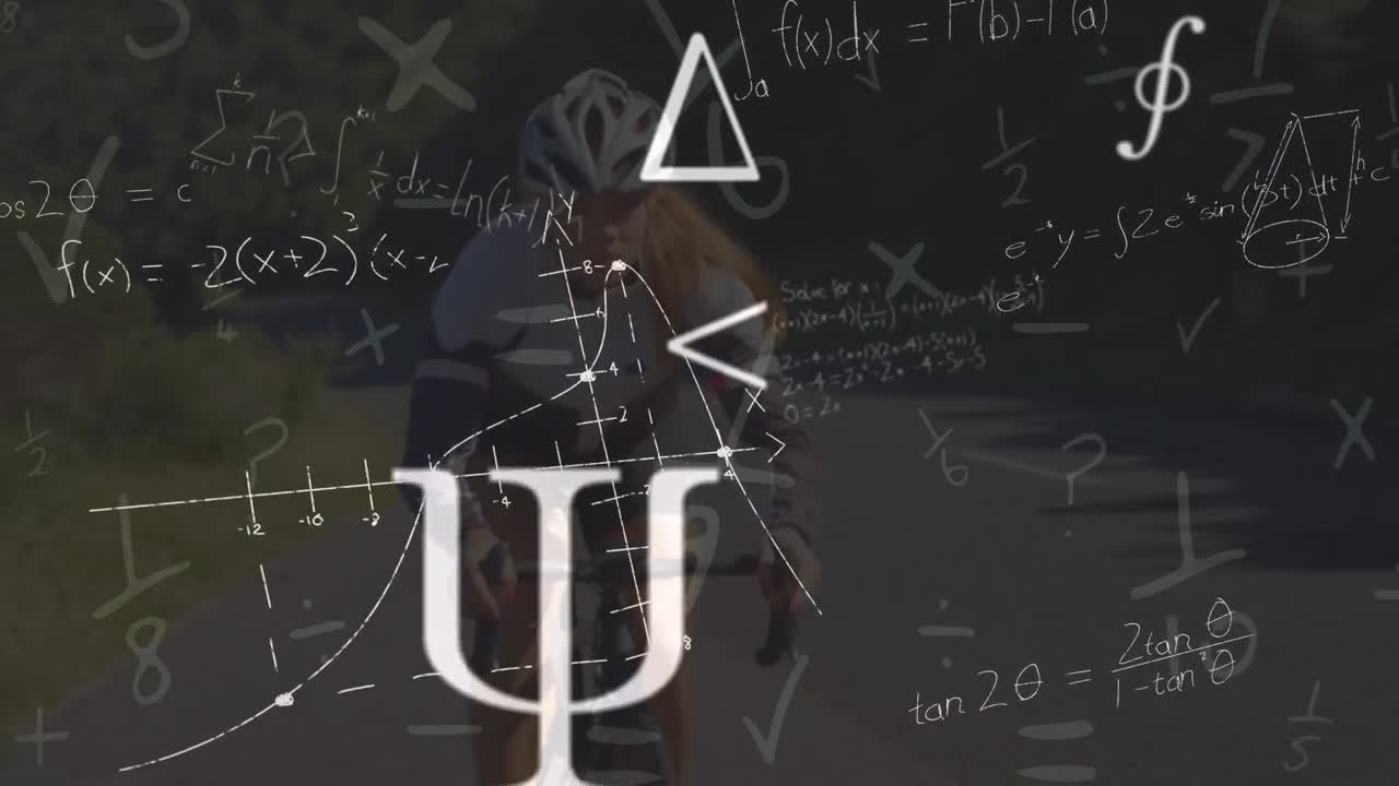 Animation of mathematical equations over caucasian woman riding bike