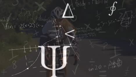 animación de ecuaciones matemáticas sobre una mujer caucásica montando en bicicleta
