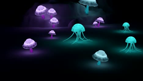 glowing mushrooms in a dark cave