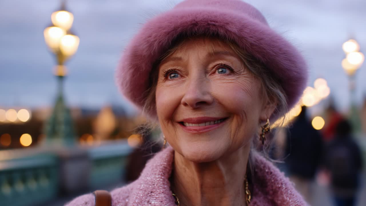 A radiant elderly woman in a pink hat and stylish coat smiles warmly against a softly illuminated bridge backdrop, capturing a moment of joy and elegance during an evening stroll