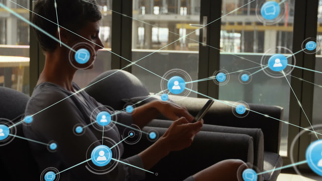 Animation of network of connections over caucasian businesswoman using smartphone