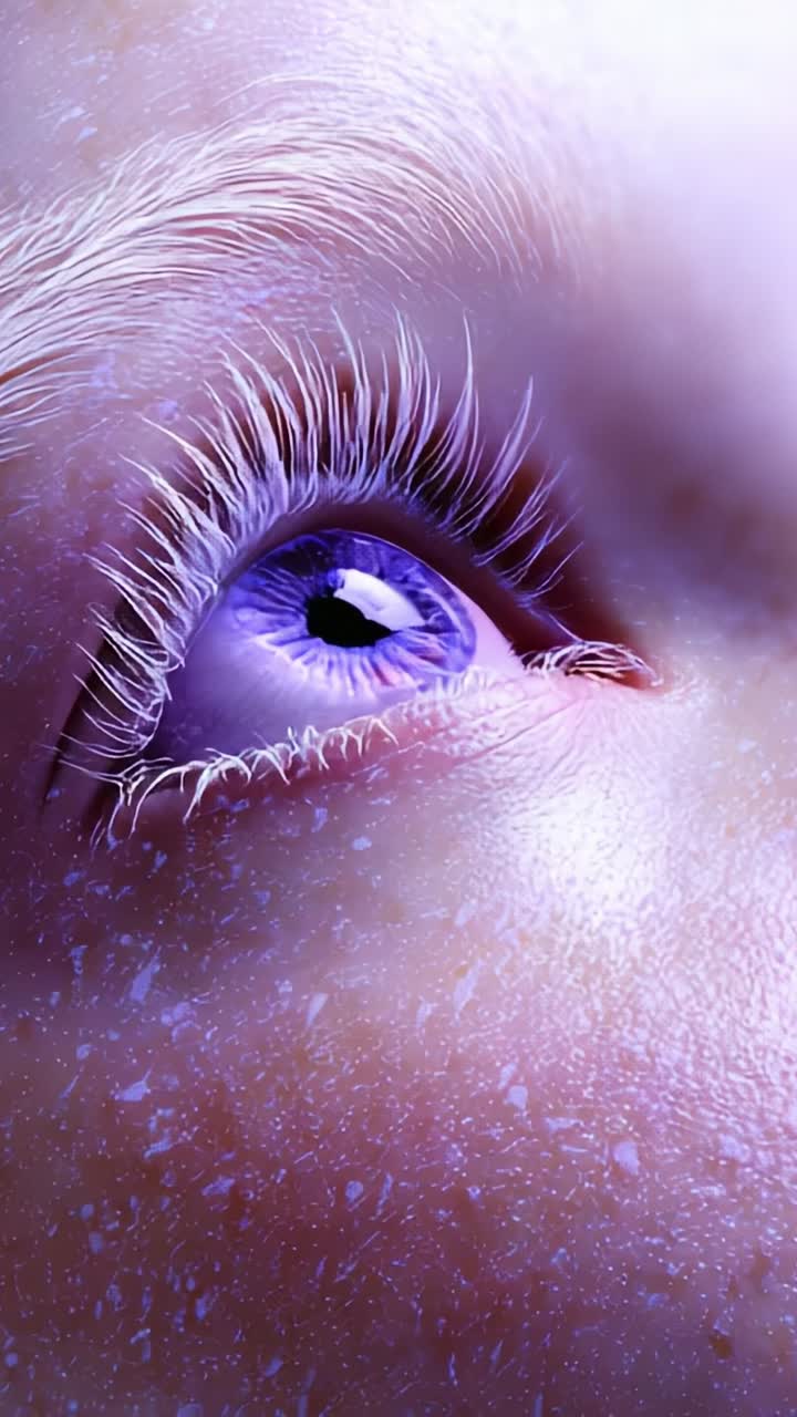 Close-Up of an Eye with Striking Purple Iris and Delicate Eyelashes, Capturing Unique Textures and Light Reflections in a Dreamy Aesthetic