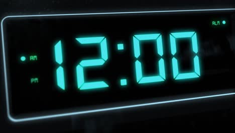 High-quality-CGI-render-of-a-digital-alarm-clock,-with-glowing-pale-blue-numbers,-ticking-over-from-11