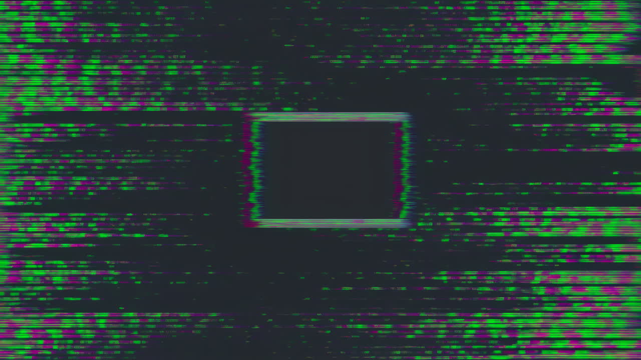 Glitchy Green Purple Static Screen Showing Central Dark Rectangle With Trembling Scan Lines, VHSstyle Noise,