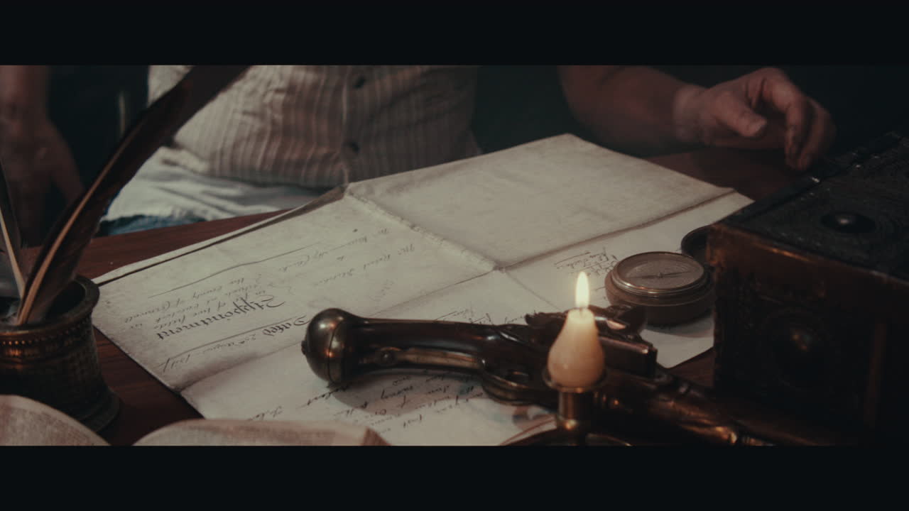 An old captain sits down by the old table inside the sailing ship cabin and writes a letter