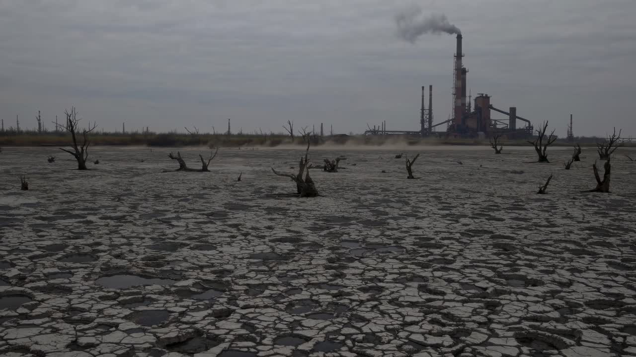 Industrial landscape reveals cracked earth and barren trees, with smoke billowing from factory chimneys, showcasing environmental impact and desolation