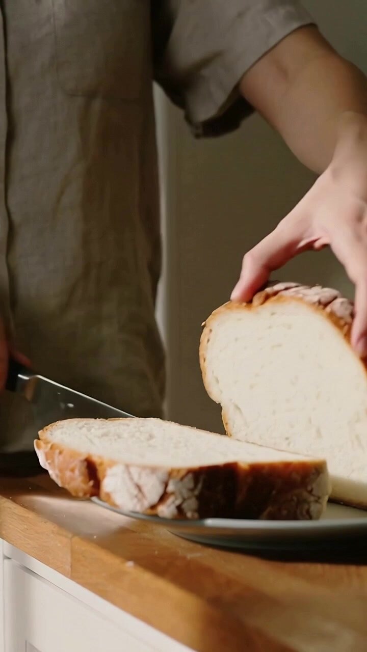 Vertical video: Placing loaf on plate man slicing bread using knife at wood counter to serve shirt