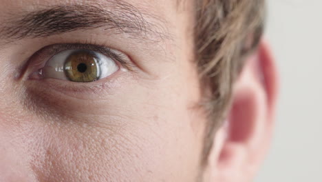 close up green eye of man opening awake human iris detail