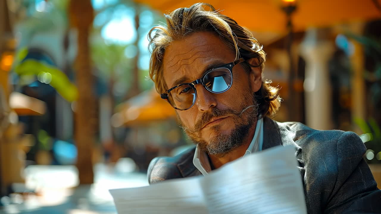 Stylish man reads outside. A man with glasses reads a newspaper at a sunny outdoor cafe, surrounded by vibrant plants and warm atmosphere