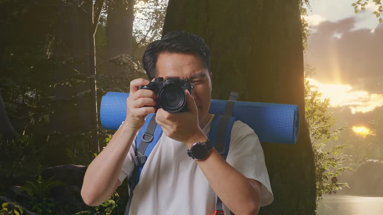 해가 뜨는 숲에서 사진작가