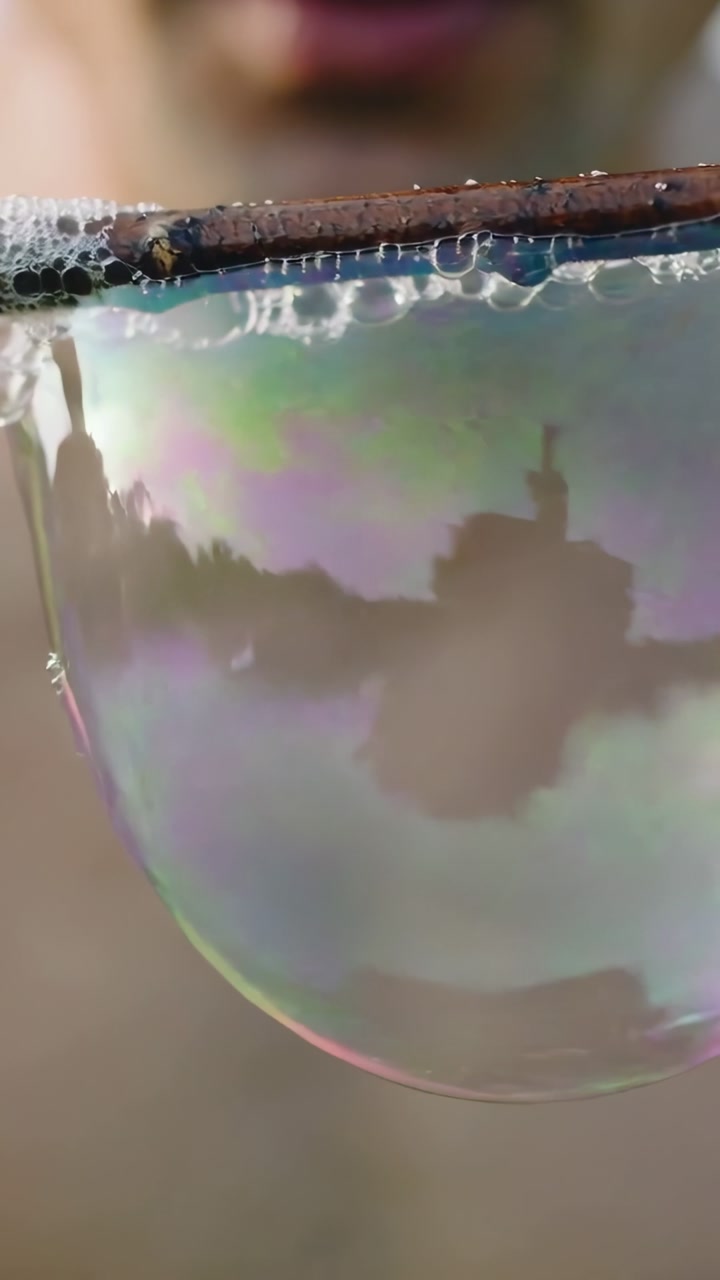Vertical video: Blowing man inflating soap bubble outdoors to form bubble, shirtless with soap wand