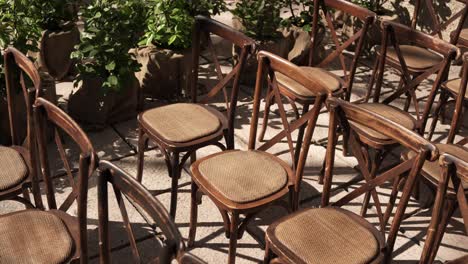 wooden chairs arranged in rows for outdoor event surrounded by potted green plants