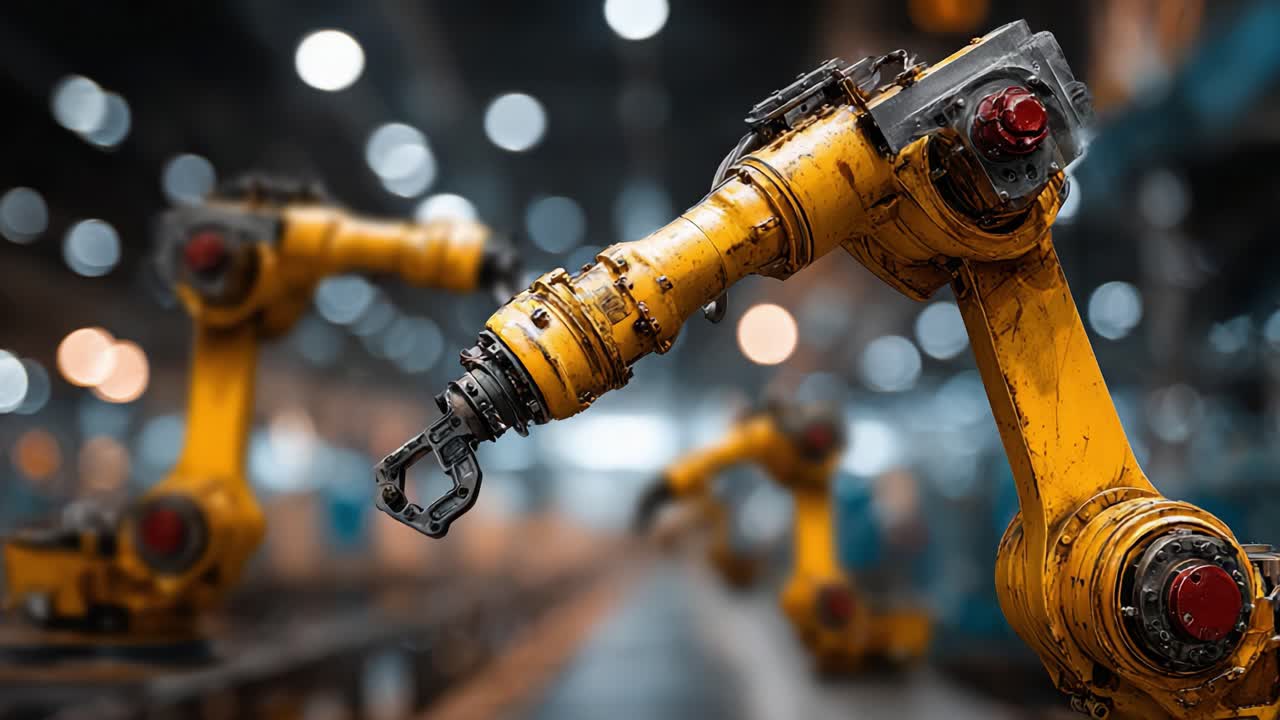 Una vista de cerca de robótica industrial avanzada en un entorno de fábrica con múltiples brazos robóticos trabajando juntos para mejorar la eficiencia y precisión de fabricación