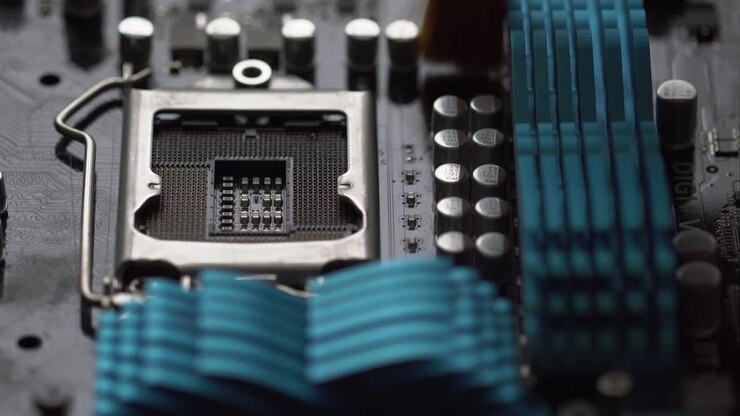Nærbillede af et computerbundkort med CPU-sokkel