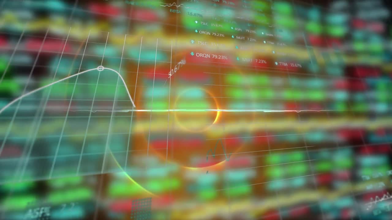 원과 추상적인 패턴의 애니메이션으로 여러 그래프가 초점을 맞추지 않은 거래 보드 위에 움직입니다.