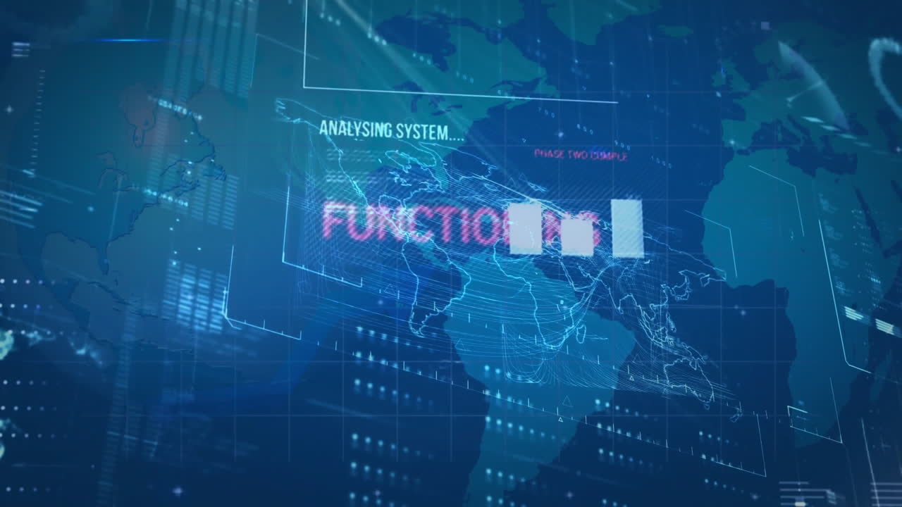 Digital world map being animated on screen, displaying translucent bar charts and flow lines