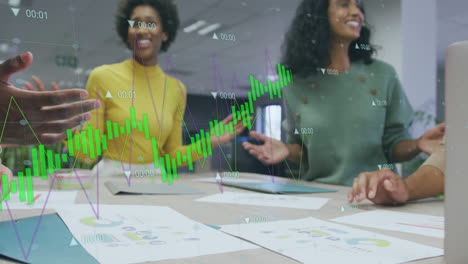 animation of financial data processing over diverse business people in office