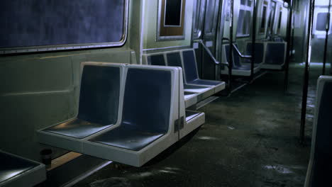 empty subway train interior highlighting worn seats and dim lighting