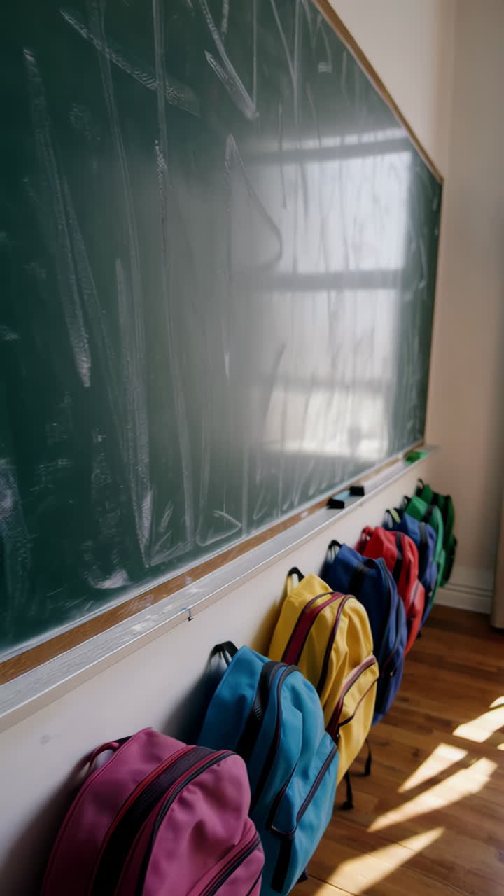 Classroom with Backpacks and Chalkboard