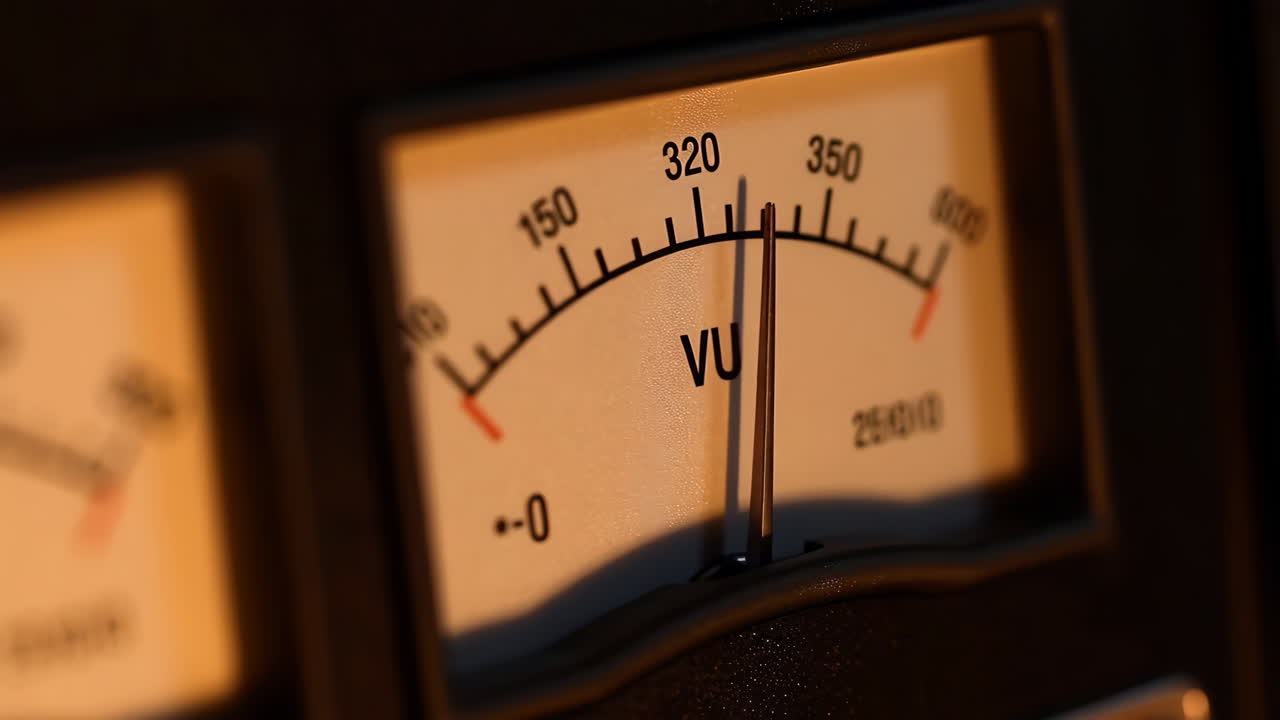 Close-up of an analog VU meter indicating sound levels