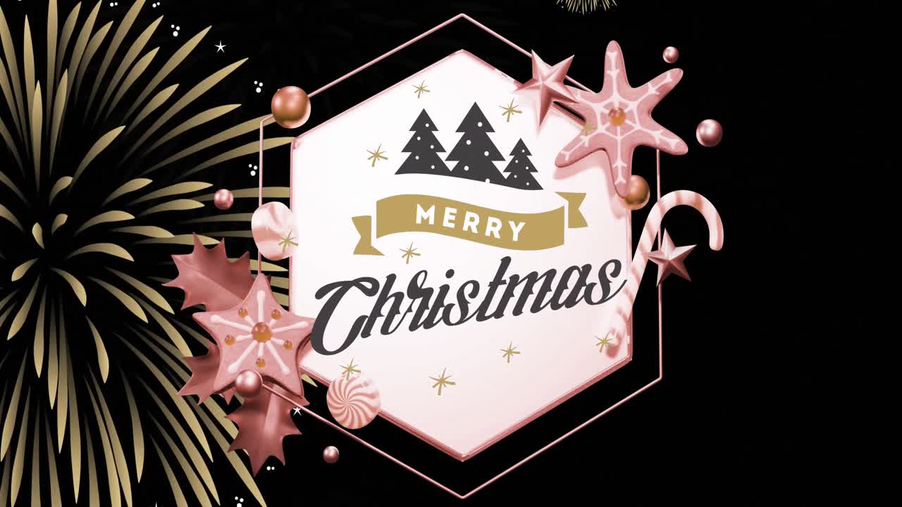 검은색 바탕에 불꽃놀이 위에 메리 크리스마스 텍스트가 새겨진 육각형 표지판의 애니메이션.